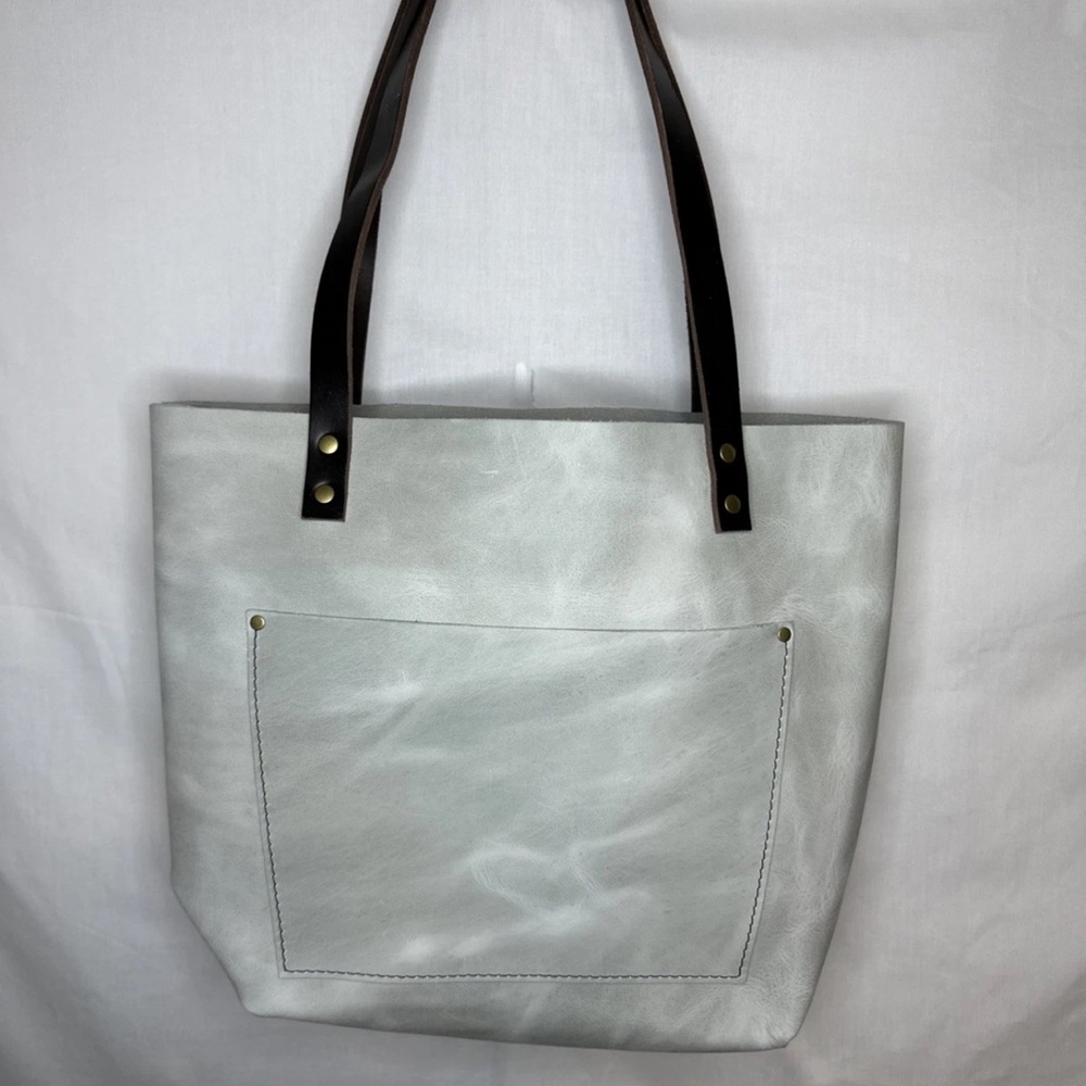 Portland Leather Tote Bag Gray Dark Handles New